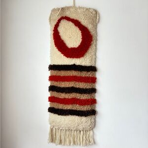 Mid Century Artisan Cream and Red Fiber Art Wall Hanging, Vintage Home Decir